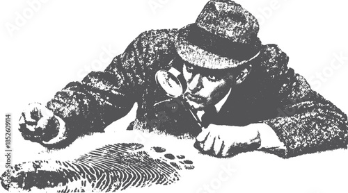 Detective examining a print with a magnifying glass. Traditional black and white vector illustration emphasizing investigation and forensics.
