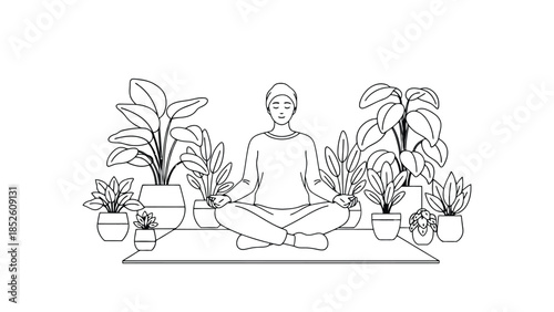 Woman meditating in lotus position surrounded by plants indoor peaceful serene environment