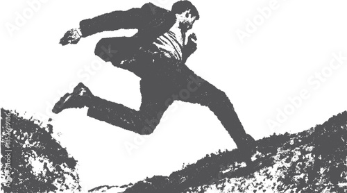Dynamic man running in a suit silhouette. Black and white vector illustration shows action and movement in a bold design.