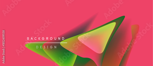 Abstract colorful shapes overlap, creating dynamic visual effect. Pink background enhances vibrant green, yellow, orange hues. Modern design.