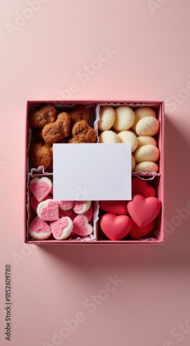 Box of cookies and a card in it gift card concept food background