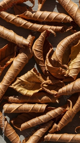 Top view of dried brown leaves rolled up creating a unique natural texture.