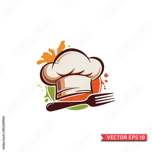 Tasty restaurant menu design featuring a vector illustration of a cartoon chef hat with a pizza and a sandwich symbol alongside a burger icon and meat sketches for a breakfast meal snack