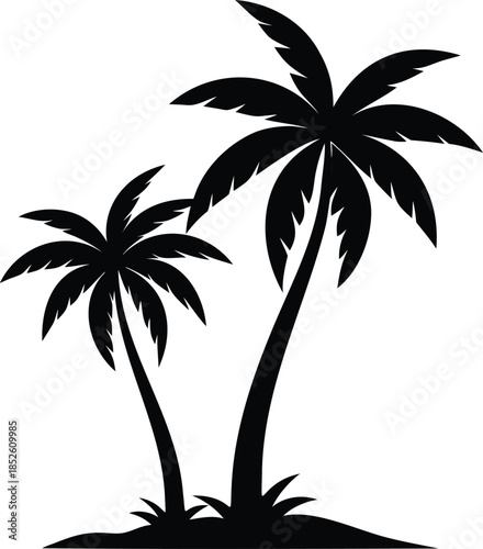 Elegant black silhouette of two tropical palm trees standing together on a small patch of land