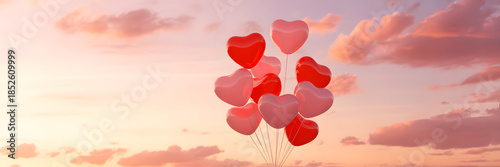 Heart-shaped balloons floating in a sunset sky