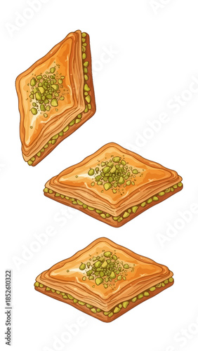 Baklava pieces fly through air with pistachios on top and around layers