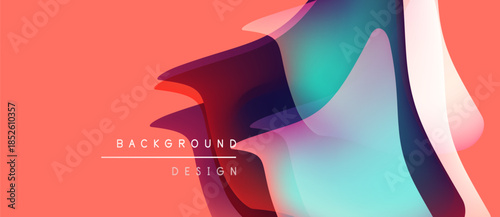 Abstract background design features overlapping translucent shapes. Colors blendcoral, turquoise, magenta, white. Modern aesthetic, dynamic composition.