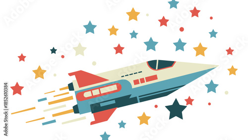 Colorful cartoon rocket ship flying through stars and space with vibrant colors and fun design