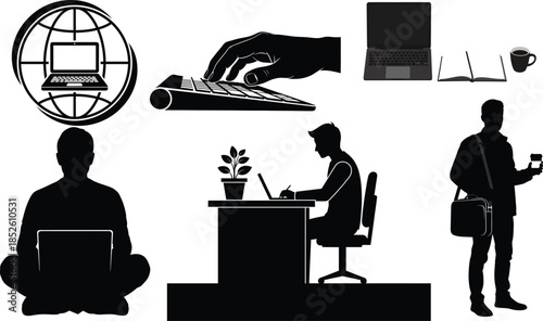 Silhouette of a man with a laptop at a desk representing business travel and work