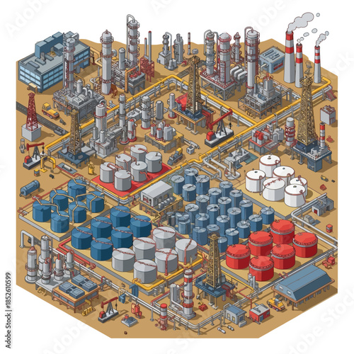 Detailed isometric illustration of a vast industrial oil refinery complex with numerous storage tanks, pipelines, and processing units in a desert landscape.