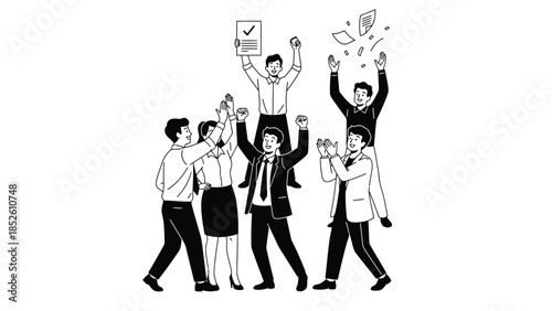 Business team celebrating success with joy and achievement in office setting with coworkers