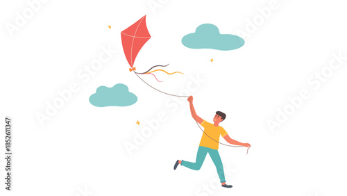 Man flying red kite in sky with clouds, joyful and carefree outdoor activity