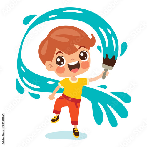 Cartoon Kid Painting With Paintbrush