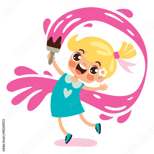 Cartoon Kid Painting With Paintbrush
