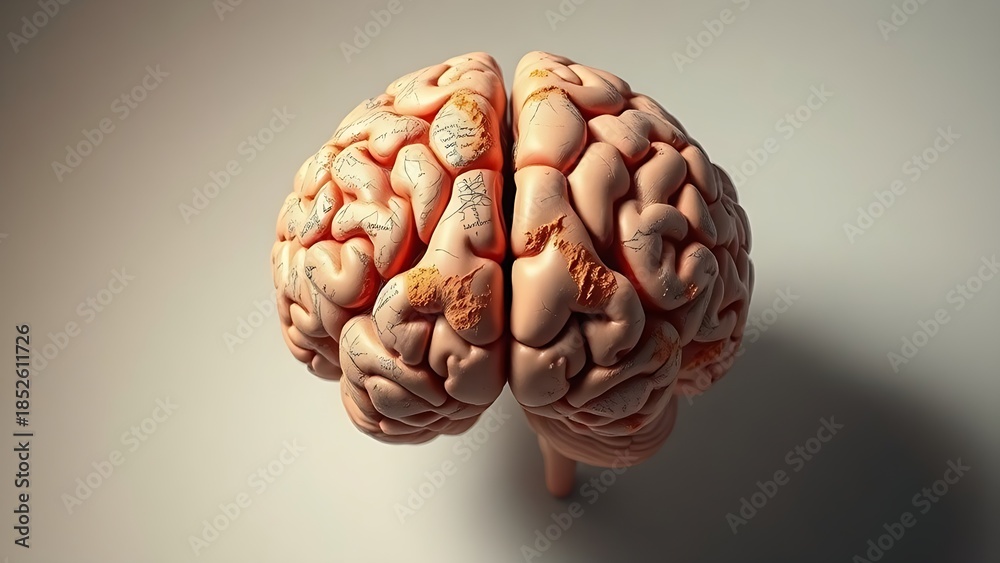 Obraz premium hemispheres. Conceptual illustration of human brain divided into hemispheres with abstract textures on neutral background. wellbeing guides.