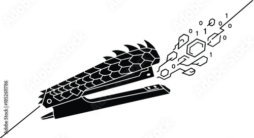 Black stapler with metal staples flying out, office supplies, business equipment, creative workflow concept, modern minimalist illustration