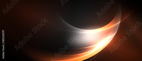 Abstract design features curved lines, warm colors, bright glow. Dramatic lighting creates dynamic visual impact. Smooth gradients dominate composition.