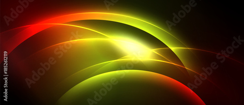 Abstract vibrant light curves radiate from central bright point. Colors blend, creating dynamic visual effect. Dark background emphasizes luminosity.