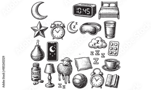 Sleep Routine Bedtime Relaxation Icons Set - Moon Pillow Dream Vector Pack