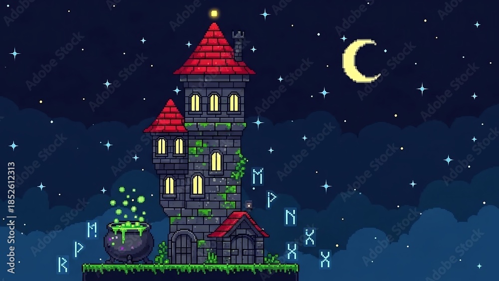 Fototapeta premium Pixel art castle under starry night.