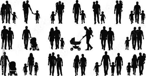 Family silhouettes illustration showing parents and children walking together, parenting moments, family life stages, childcare, and everyday people activities