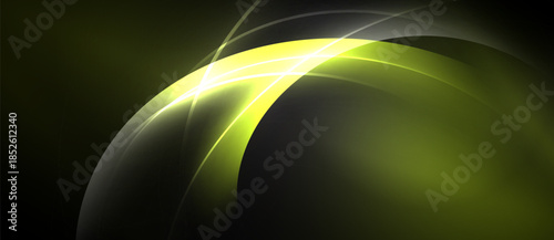 Abstract design features curved lines, bright yellow glow, dark background. Modern aesthetic, dynamic composition, smooth gradients present.
