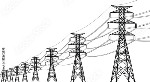 High voltage power transmission towers illustration depicting electric grid infrastructure, energy distribution lines, industrial electricity network, and utility pylons perspective