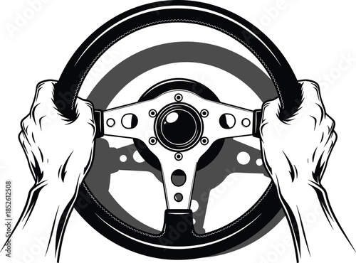 Hands gripping steering wheel illustration representing driving control, automotive interior, road safety, transportation concept, and vehicle handling perspective