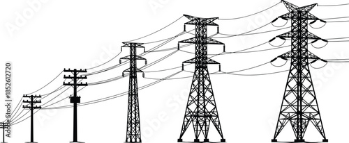 Electric power transmission towers and utility poles illustration showing energy infrastructure, high voltage lines, grid evolution, and industrial electricity distribution systems