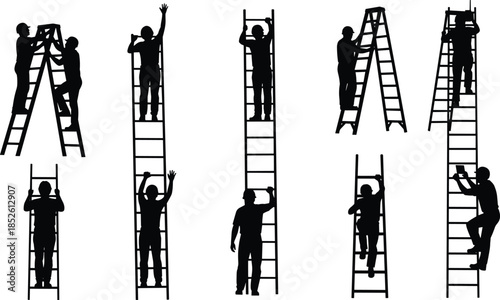 Workers on ladders silhouettes showing climbing, working at height, construction safety, maintenance tasks, teamwork, and professional labor activities in black silhouette illustration