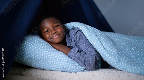 A happy African American boy sleeping in bed with a blue pillow and blanket under a dark play tent made from navy blue fabric at home