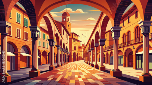 Very beautiful view of Bologna’s historic arcades stretching through the city streets, showcasing warm brick architecture, repeating arches, and timeless urban rhythm in northern Italy.