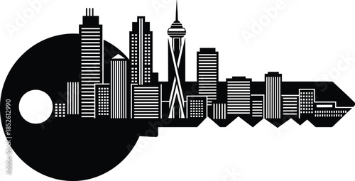 City skyline key silhouette symbolizing real estate access, urban security, smart city living, property ownership, and modern metropolitan architecture concept illustration