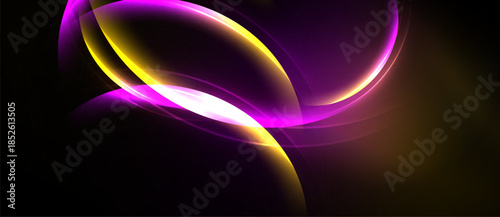 Abstract glowing shapes overlap, creating vibrant purple, gold light against black background. Smooth curves suggest movement, energy.