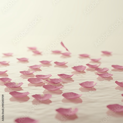 Pink rose petals floating delicately on still water surface
