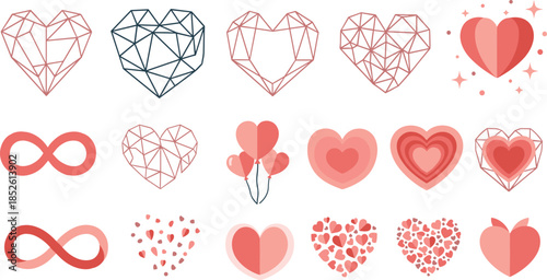 Valentine's Day heart icons and symbols in various styles and colors