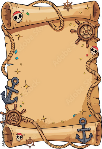 Pirate Treasure Map Scroll Frame with Anchor and Skull Cartoon Vector. Old Parchment Pirate Scroll Background. Treasure Map Parchment Frame with Pirate Symbols and Nautical Icons. 