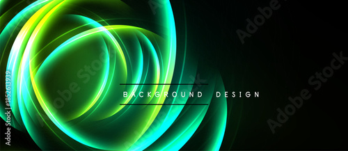 Abstract green light curves form dynamic background. Elegant design suggests energy, motion, futuristic style. Dark space enhances glow.