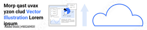 Data storage, analytics, digital transformation, cloud computing, data sharing, online systems. Analytics dashboard with graphs and charts alongside a cloud icon with an upload arrow. Cloud computing