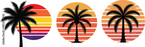 Retro palm tree illustrations, Sunset beach graphics, Tropical silhouette icons, Vintage sunset clipart, Vector set of palm trees with striped retro sunsets, Gradient sunset silhouettes 