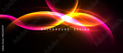 Abstract vibrant waves, orange, pink hues. Bright central glow, dark background. Modern design element, dynamic composition.