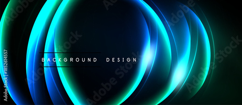Abstract design features glowing layers, vibrant blue, turquoise hues. Dark background emphasizes luminous curves, creating dynamic visual effect.