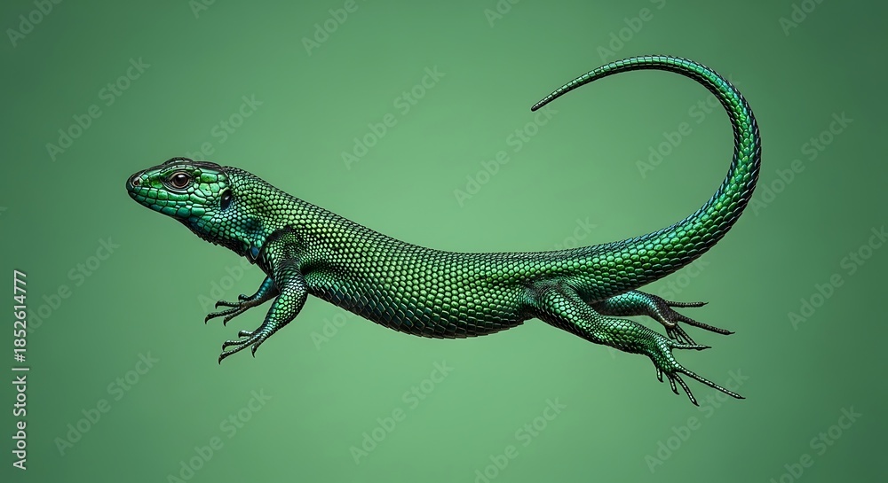 Fototapeta premium Emerald Lizard Leaping - A Vibrant Green Reptile in Motion.