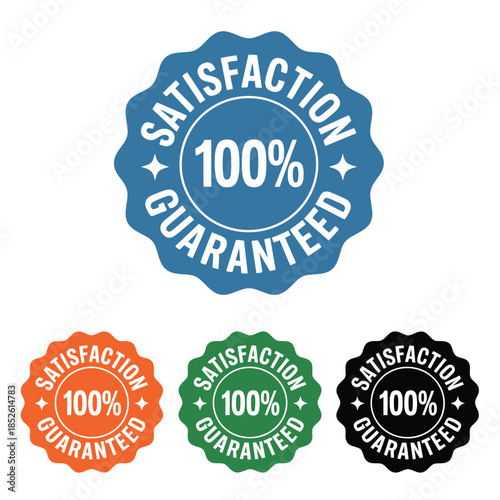 Guaranteed satisfaction 100 percent badge, minimalist flat icon for web interface, e-commerce checkout trust signals, and professional retail branding certification stamps.