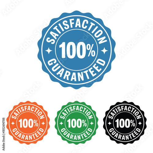 100% satisfaction guaranteed seal, premium gold and blue flat icon design for customer trust, quality assurance, and marketing commerce promotion labels.