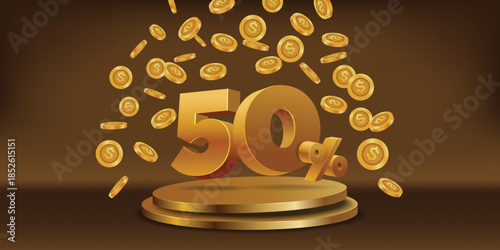 Geometric gold podium with fifty percent discount number , coins falling, for product display background