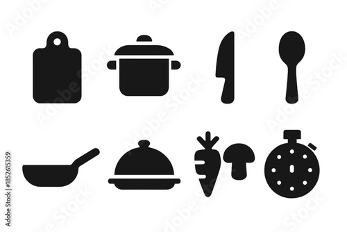 Dinner Prep Icons. Dinner preparation. Filled icon set of dinner preparation: chopping board, pot, knife,