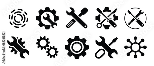 Collection of black mechanical tool and abstract circular patterns white gear wrench