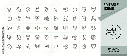 Immune System linear icon set. Includes thin line symbols immune, booster, biology, immune, boost, virus, anti and more. Icons for website. Editable stroke collections. Boost simple icon set.
