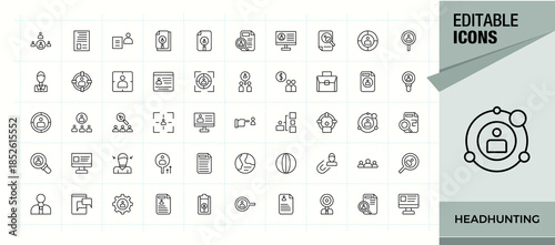 Headhunting icon set in linear style. Job icon set. Thin line icons set. Contain linear sign hiring, job, hunting, outsource, man, vacancy, career and more. Editable stroke. Pixel Perfect.